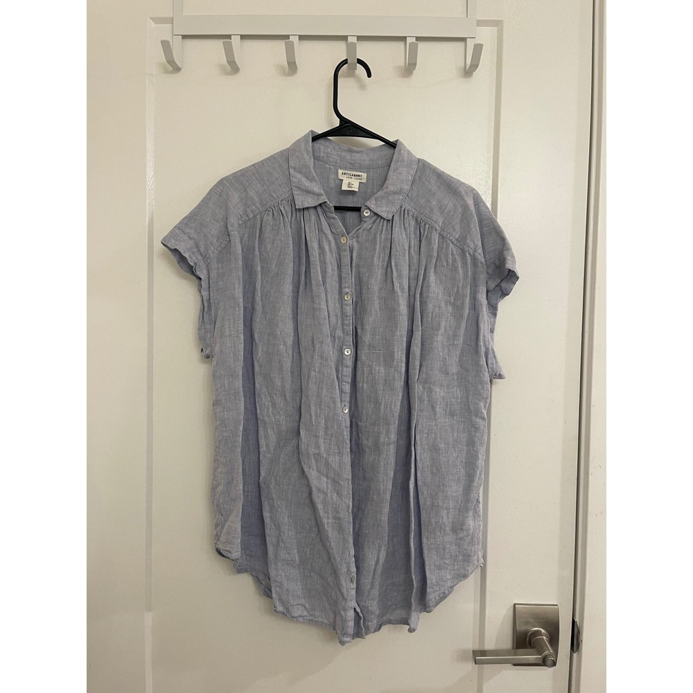 100% Linen‎ Artisan NY Blue Blouse Chic Pleated Casual Summer Luxury